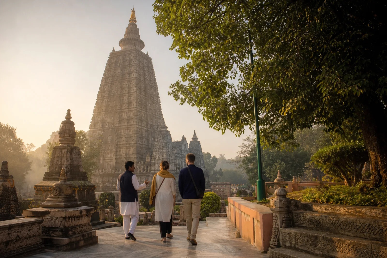 Travellers walking with a heritage guide near the Mahabodhi Temple in Bodh Gaya