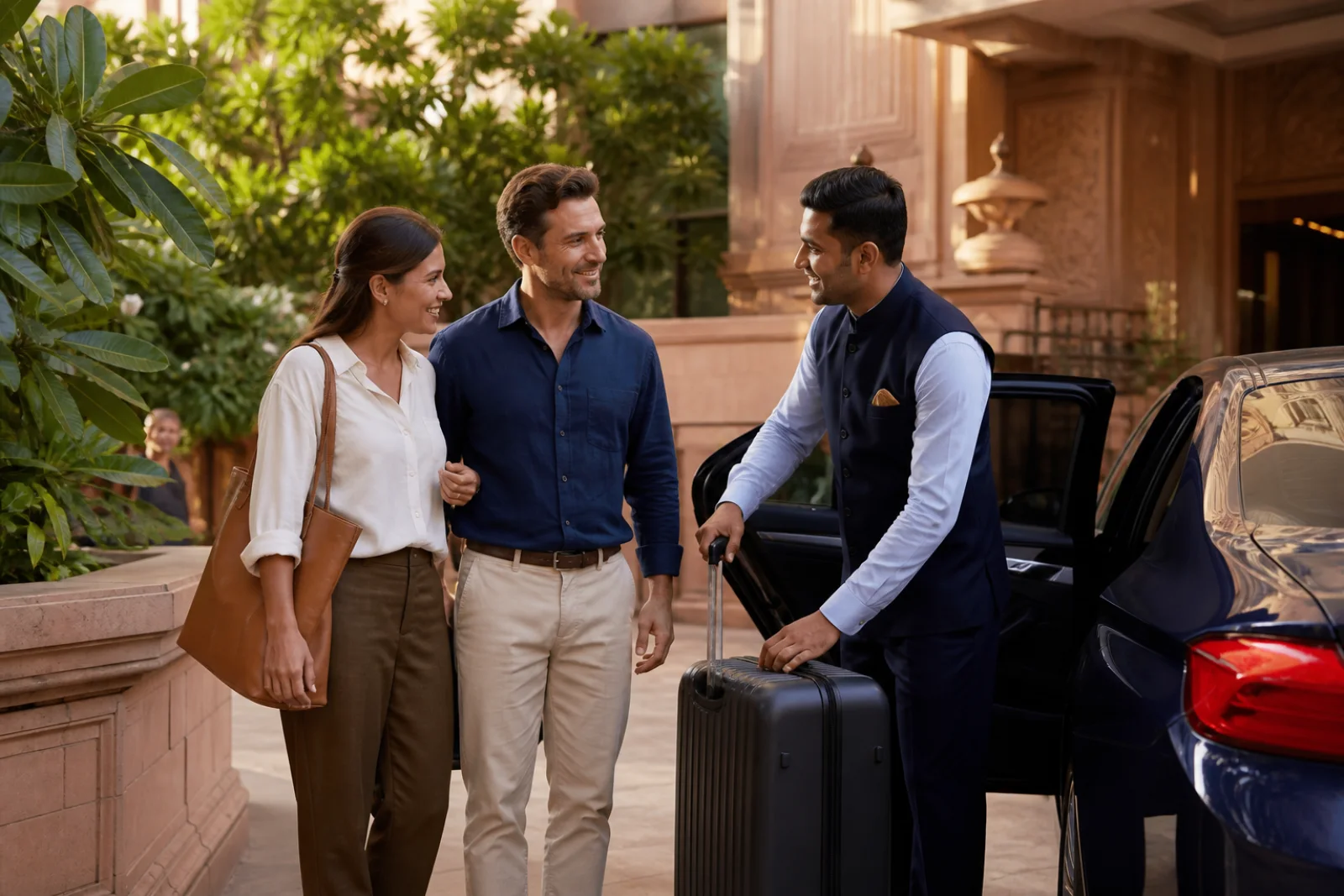 A traveller and companion being welcomed by their driver at their accommodation in India