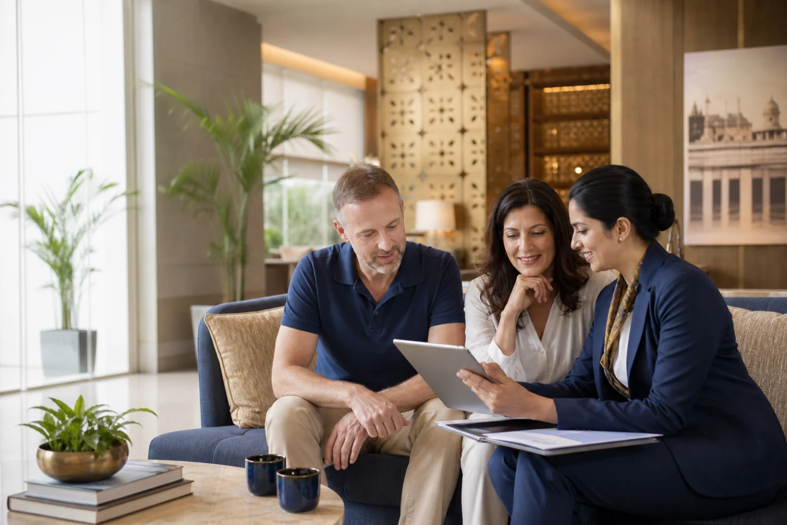 A traveller and companion reviewing their journey with a patient travel coordinator