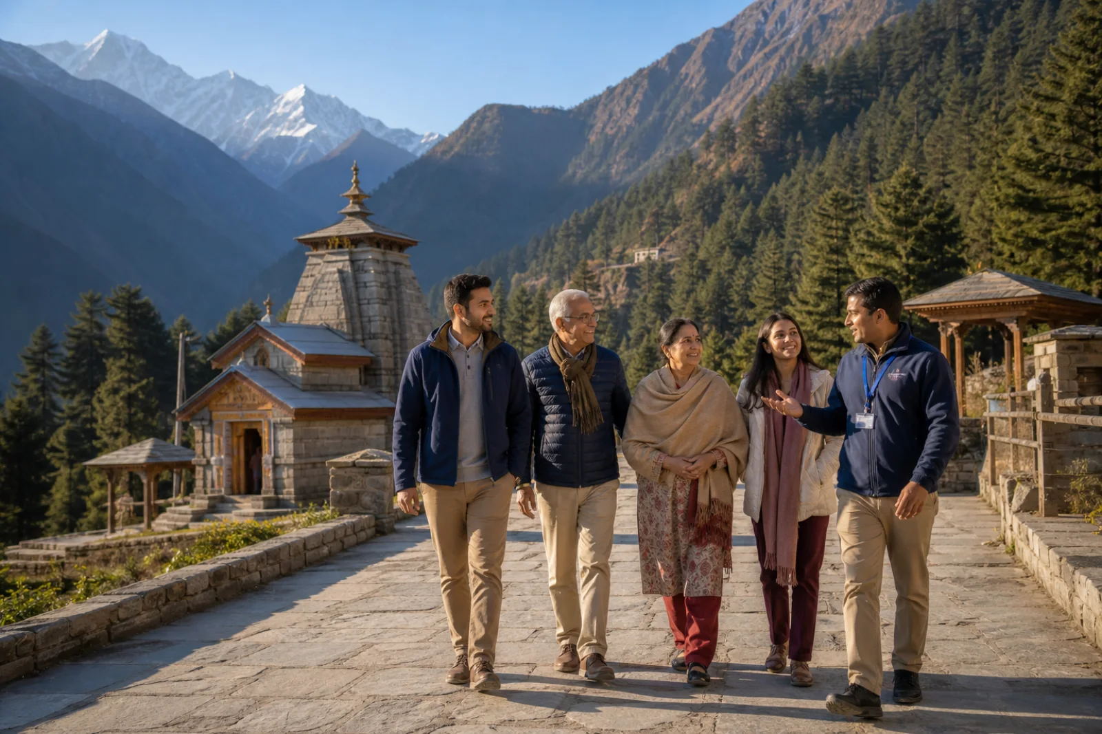 A multigenerational family walking with their travel escort on a Himalayan pilgrimage route