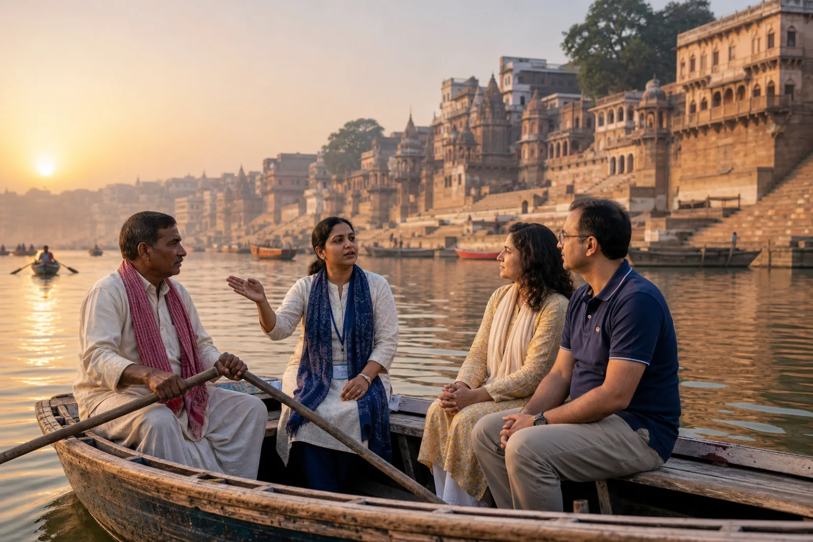 Travellers listening to their guide during a sunrise boat journey beside the Varanasi ghats