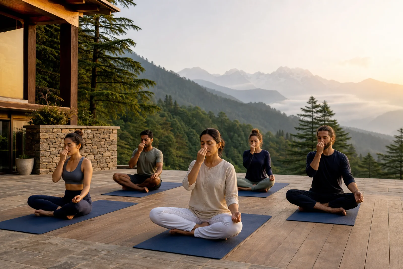 A small retreat group practising guided breathing at sunrise in the Himalayas