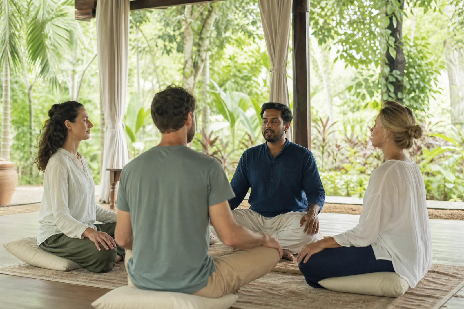 Guests taking part in a guided meditation session in a tropical retreat pavilion